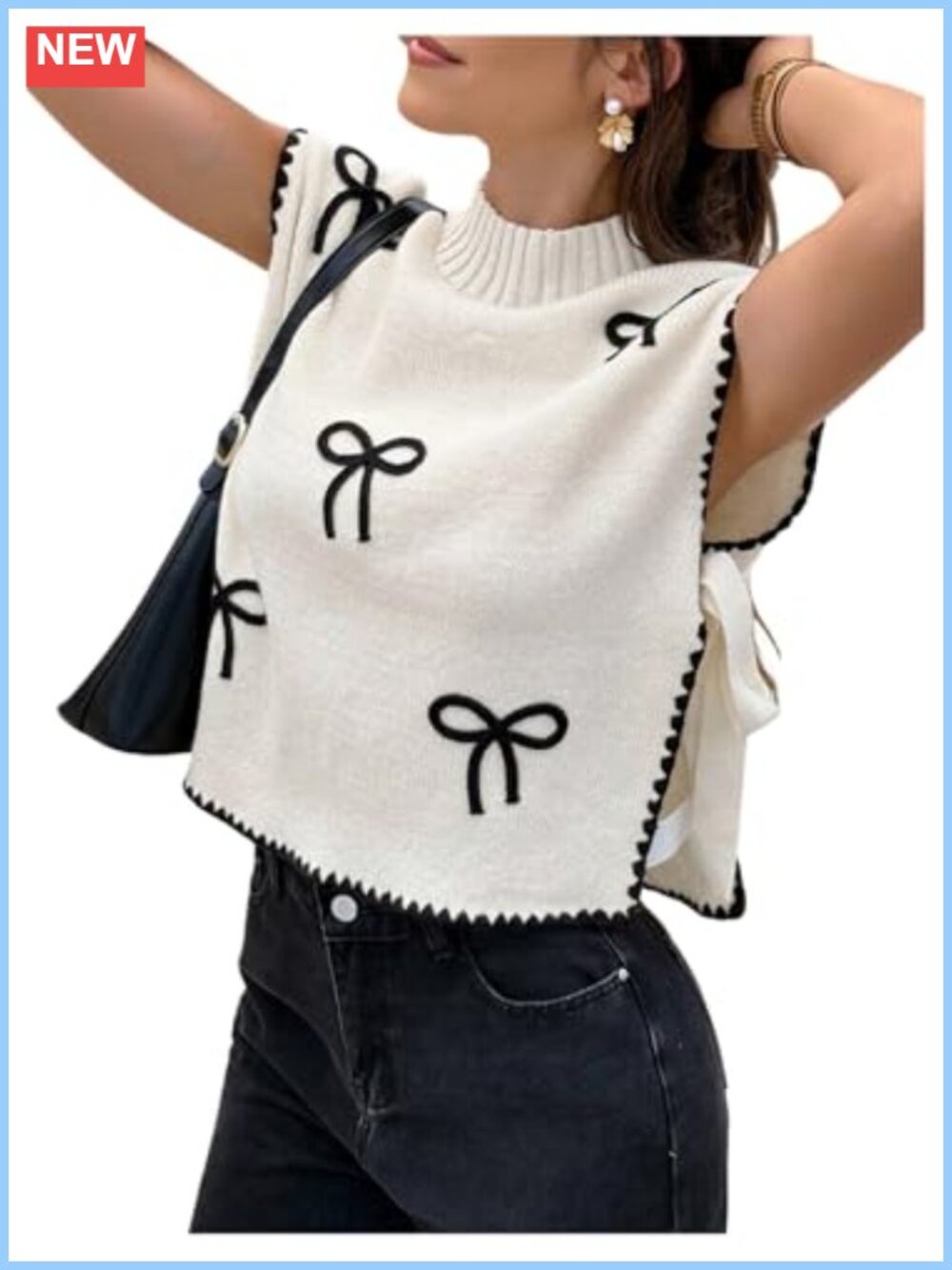Mock Neck Sleeveless Knit Sweater Vest Bow Embroidery Tie Side